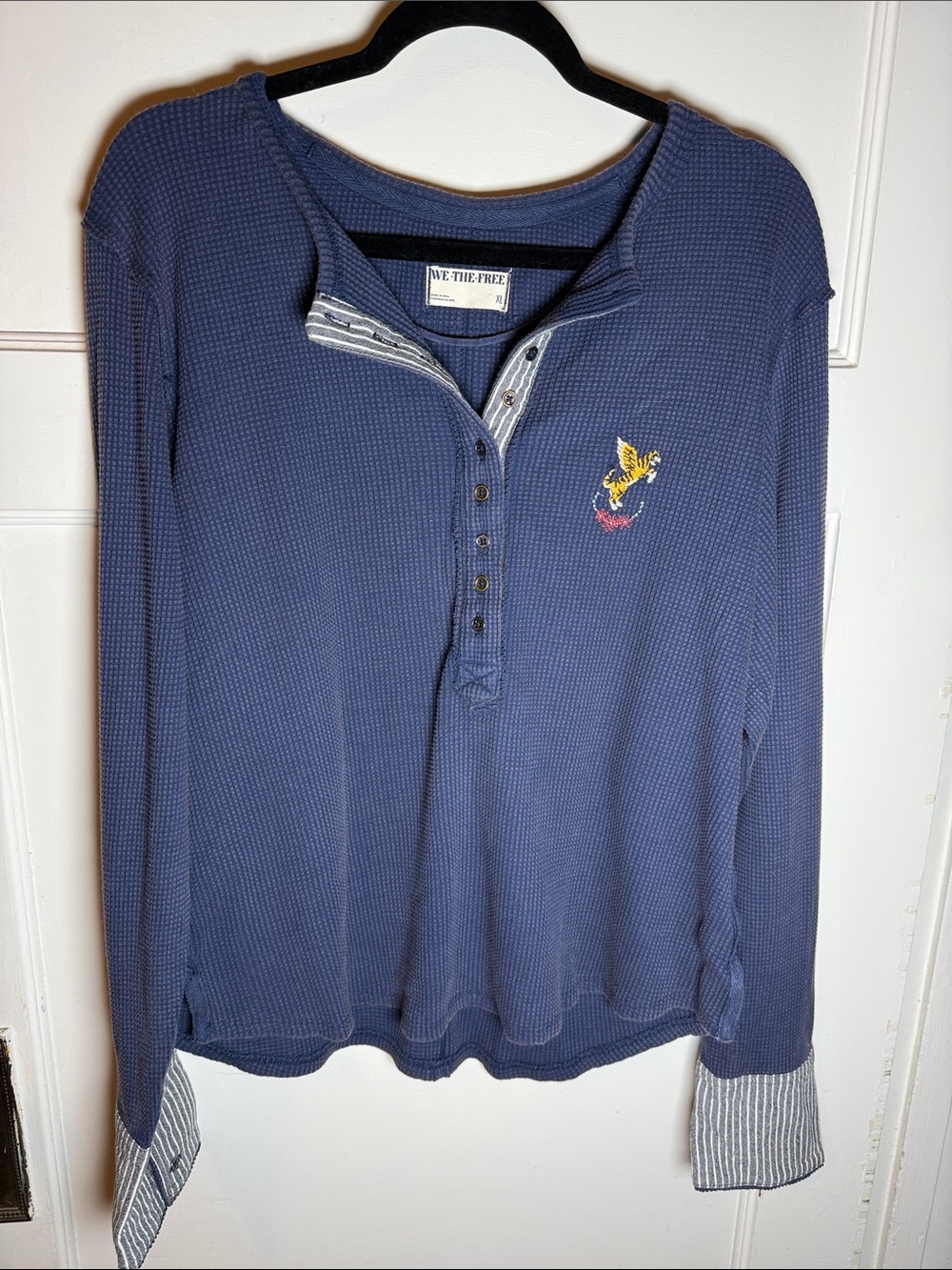 We The Free Navy Waffle Henley with Embroidered Accent